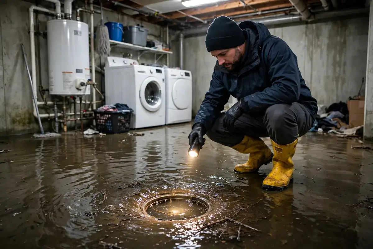 Illustration of a basement with sewage backing up through the floor drain and pooling on the concrete floor