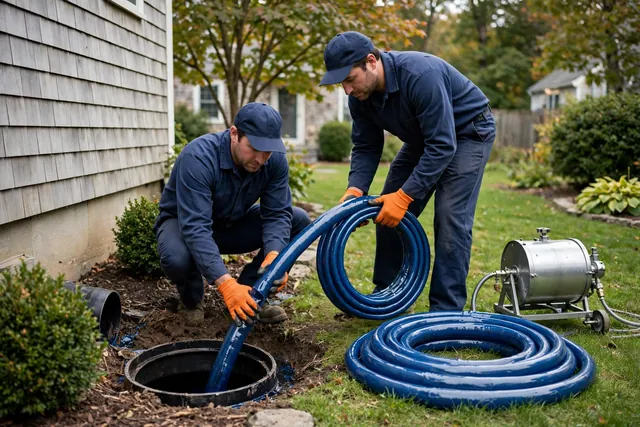 Two technicians feeding a blue resin pipe liner into a sewer cleanout