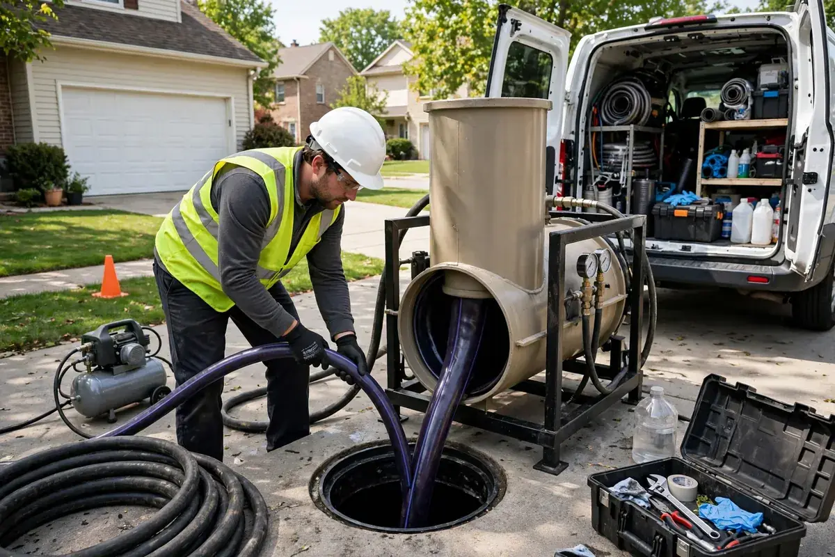 Illustration of cured-in-place pipe lining, with a resin-saturated liner being inverted inside a cracked clay sewer pipe