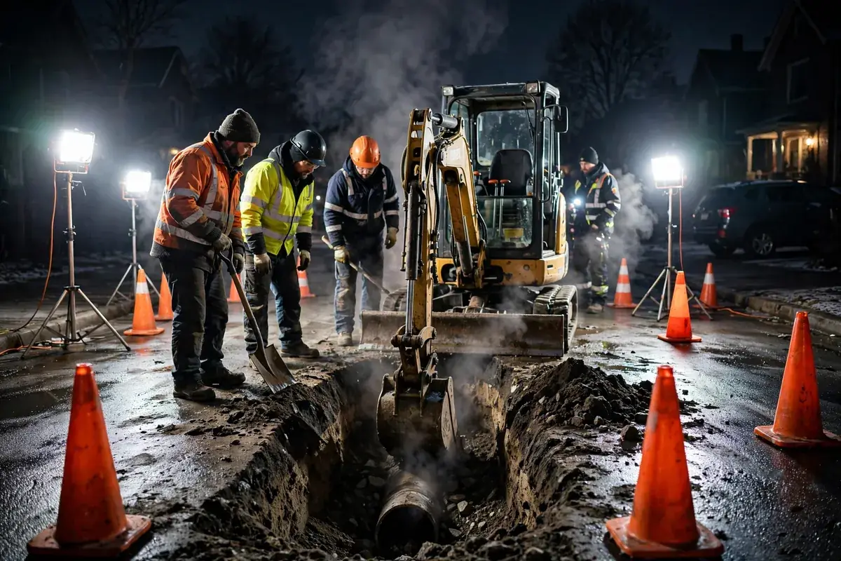 Illustration of a service technician responding at night to a home with a sewer emergency