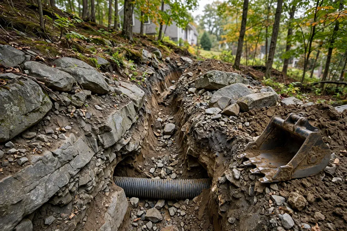 Ledge, boulders & slopes — illustration of conditions relevant to sewer work in Bethany