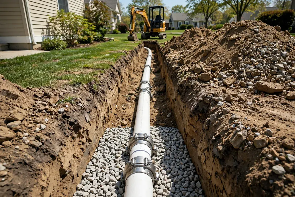 Illustration of a new PVC sewer line laid on compacted stone bedding in a trench at a laser-set grade
