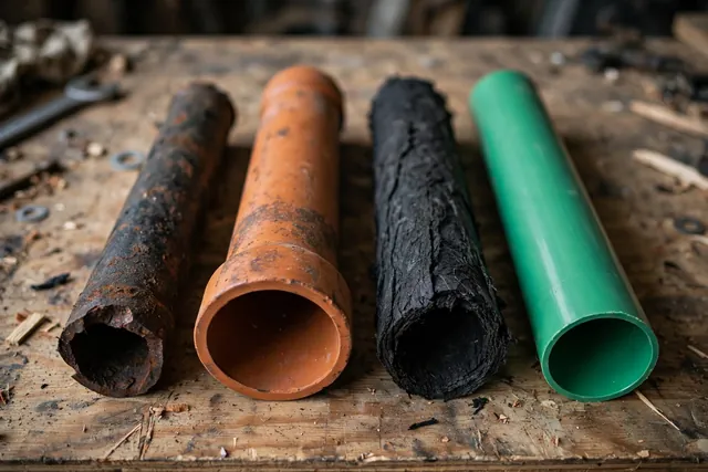 Cast iron, clay, Orangeburg and PVC sewer pipe sections side by side