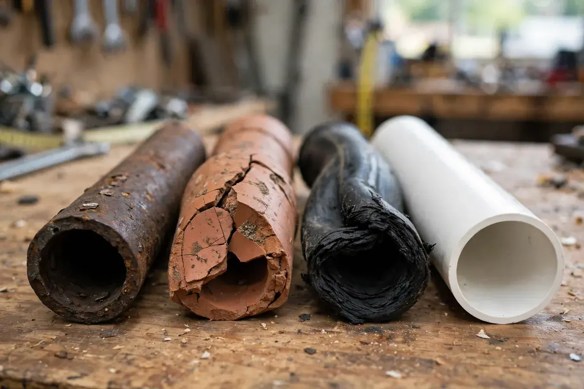 Comparison illustration of cast iron, vitrified clay, Orangeburg and PVC sewer pipe
