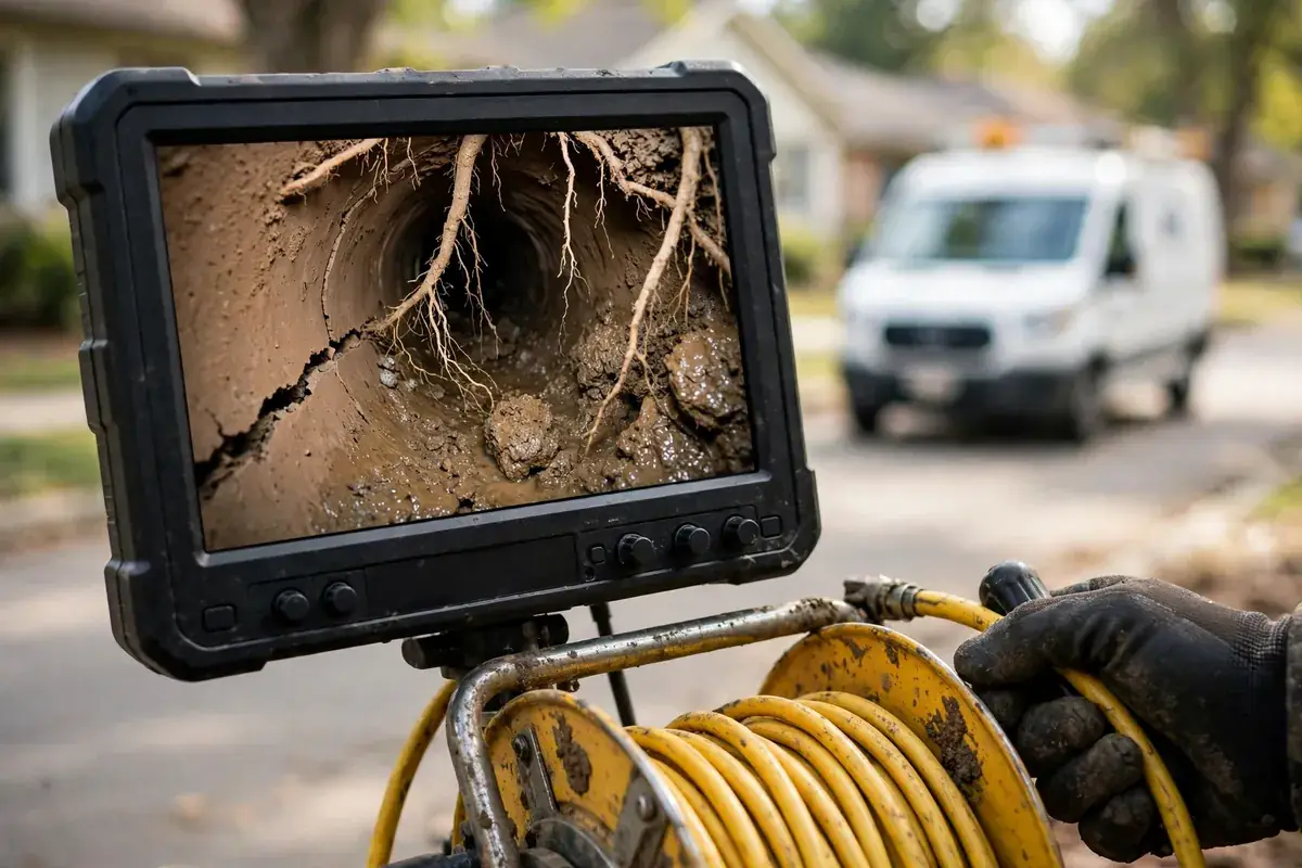 Illustration of a sewer inspection camera reel at a yard cleanout with a monitor showing a crack and roots inside the pipe