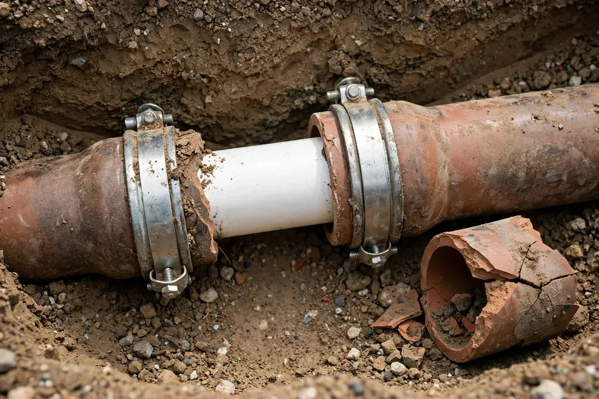 Illustration of a sewer line spot repair in an open trench with a new PVC section joined by shielded couplings