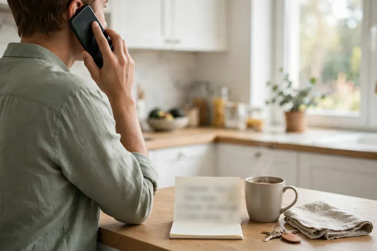 Illustration of a phone call in progress next to a checklist for describing a sewer problem