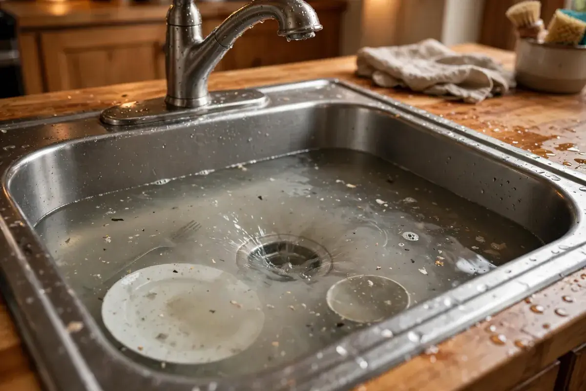 Kitchen sink full of standing dirty water from a slow, backed-up drain