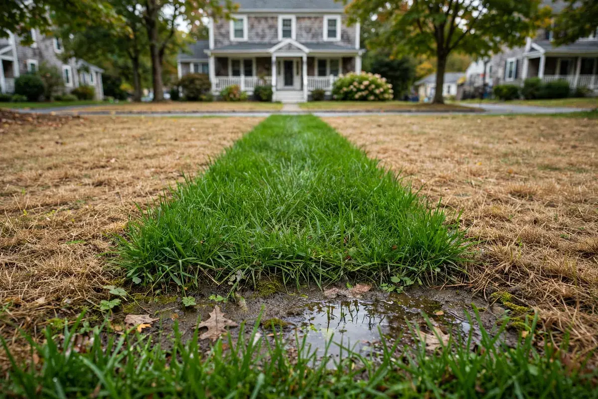 Cross-section illustration showing a cracked sewer lateral leaking into the soil under an unusually green, soggy strip of lawn
