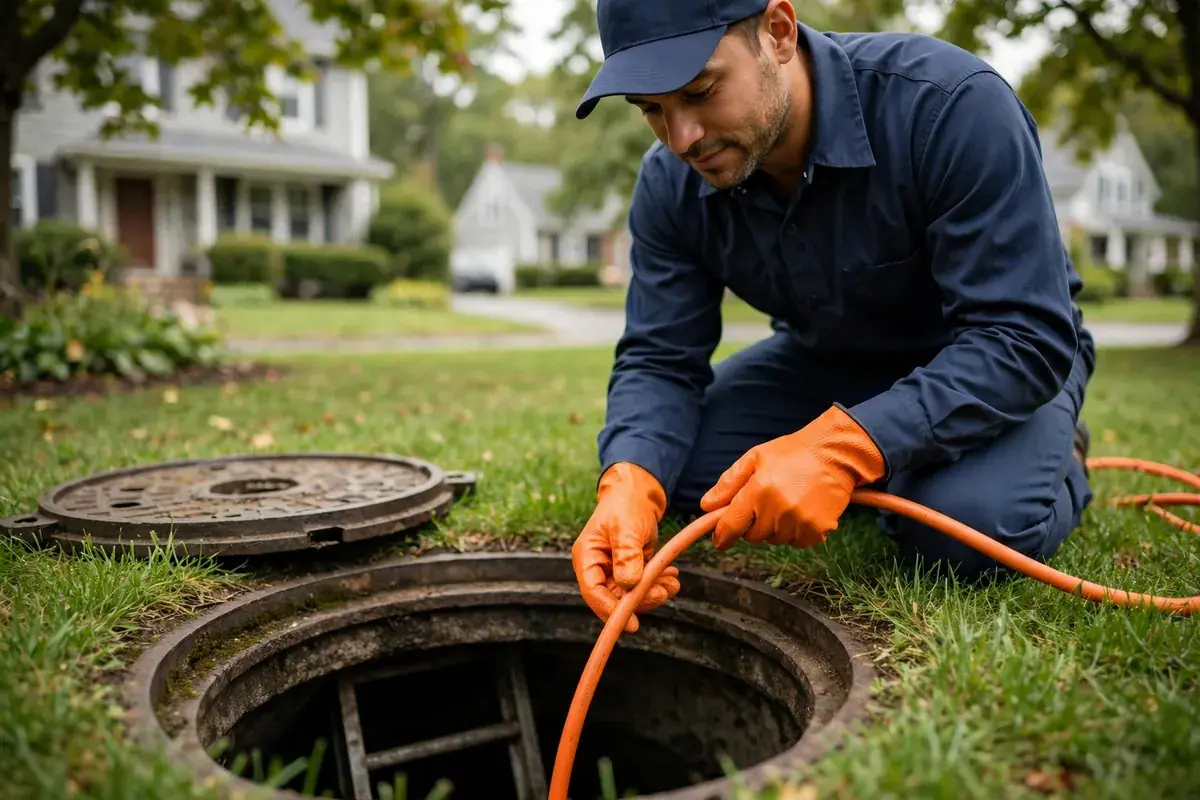 Sewer technician feeding an inspection camera into a residential sewer cleanout beside a lawn