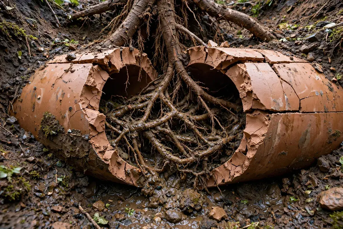 Illustration of tree roots entering a clay sewer pipe at the joint and forming a root mass inside the pipe