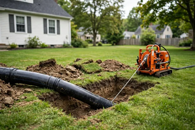 Pipe bursting machine pulling new HDPE pipe through a small pit in a lawn